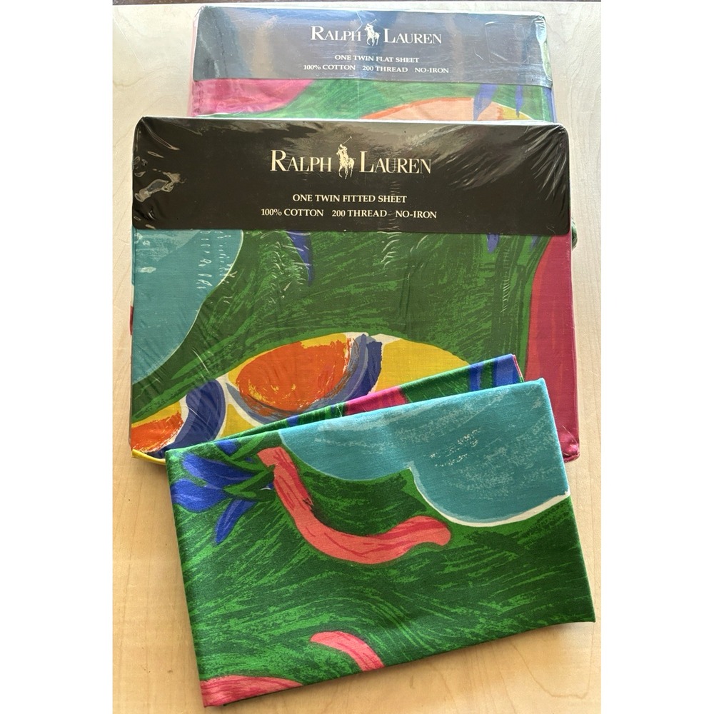 Vtg Ralph Lauren Costa Paradiso Twin Sheet Set 1991 Abstract Pink Blue Tropical